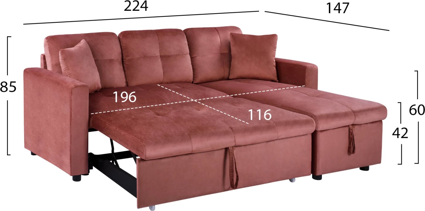 Divan qoshe me shtrat, ngjyrë rozë e zbehtë, FH3028.12, 224x147x85 cm