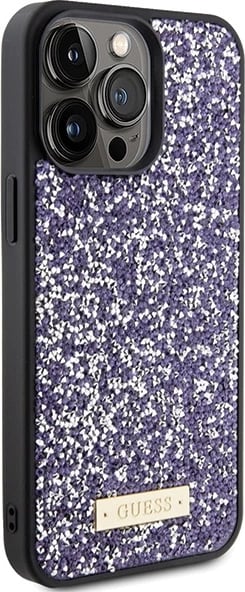 Mbështjellës Guess Rhinestone Metal Logo për iPhone 15 Pro, rozë