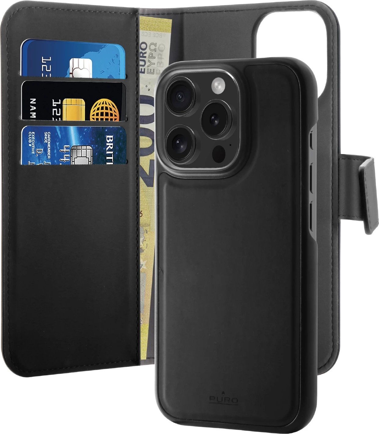 Mbështjellës Puro Wallet Detachable MagSafe 2in1 për iPhone 16 Pro Max, lëkurë ekologjike, i zi