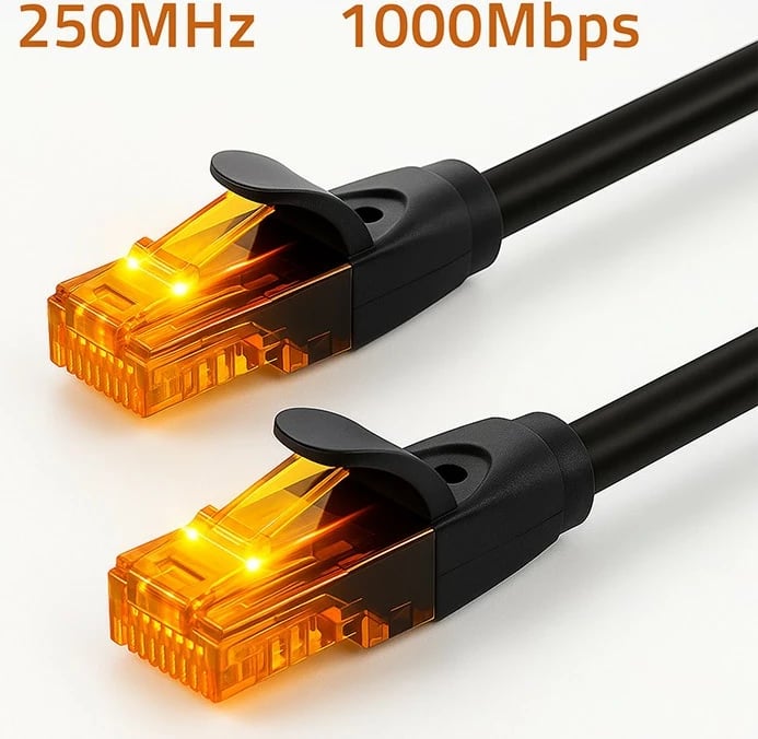 Kabel rrjeti UTP Cat.6, Qoltec, 54566, 25m, 1 Gb/s, RJ45 x2, kontakte të veshura me ar, e zezë