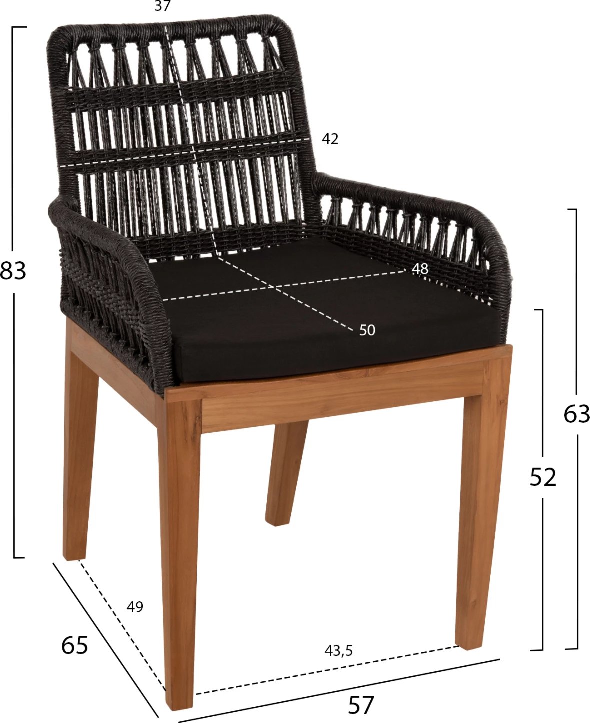 Karrige me krahë Stardom, dru teak, ngjyrë mjaltë, litar i zi, FH9760.03, 57x65x83cm