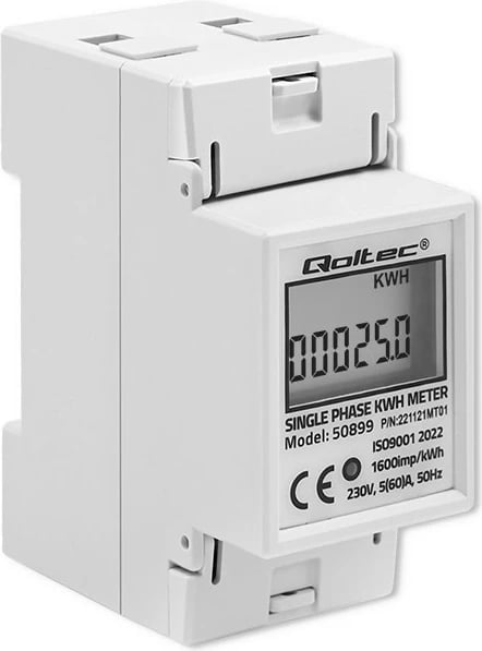 Matës energjie njëfazor Qoltec 50899, LCD, për montim në shinë DIN, Gri