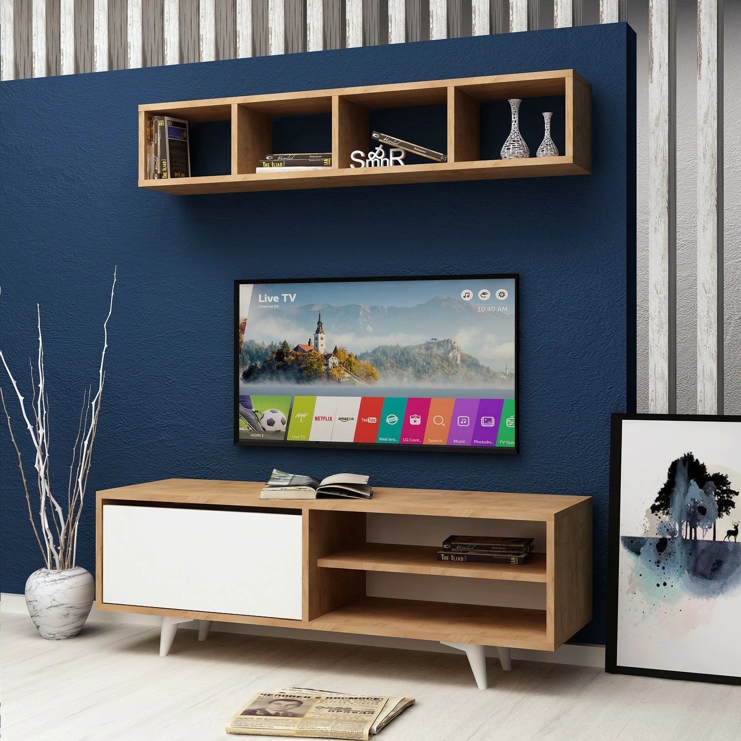 Komodë TV Hanah Home, Duku, ngjyrë lis dhe e bardhë