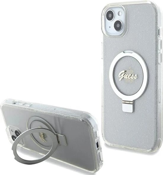 Mbështjellës Guess GUHMP15MHRSGSD për iPhone 15 Plus / 14 Plus 6.7", transparent, me unazë dhe MagSafe