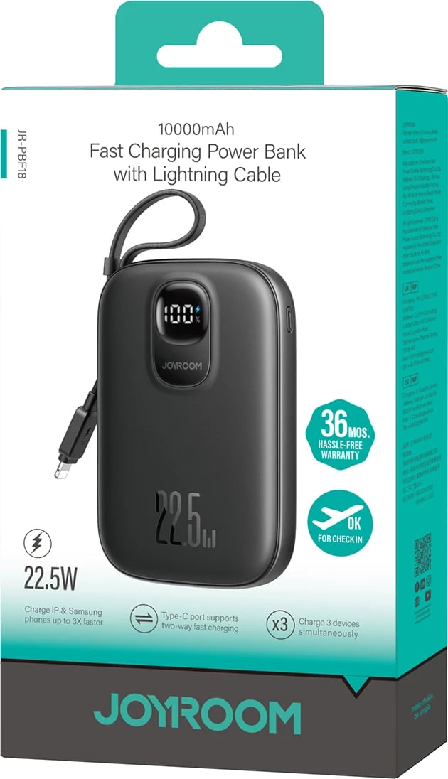 Powerbank Joyroom JR-PBF18, 10000mAh, 22.5W, me kabllo Lightning të integruar + kabllo USB-C 25cm, e zezë