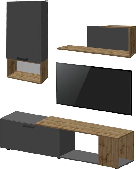 Kompleks dhome ndeje Poelfy, ngjyrë gri e errët-lisi, 170x37.5x42cm