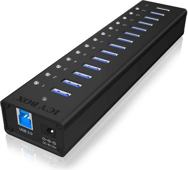 Kasë USB IcyBox IB-AC6113, 13 porta USB 3.0, alumini, e zezë