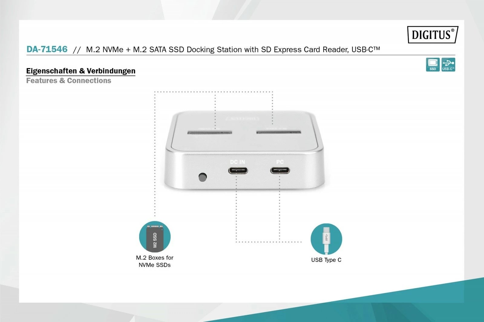 Docking station Digitus DA-71546 për SSD M.2 NVMe/SATA dhe SD-Express, Argjendtë