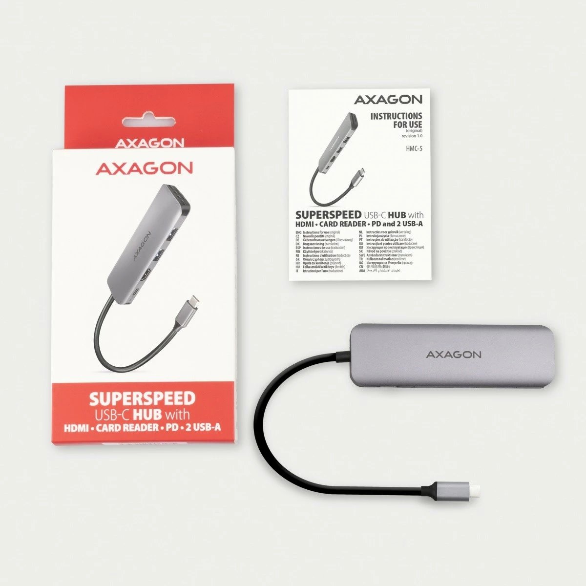 Adapter multiport AXAGON HMC-5, 5 porte, USB-C, HDMI 4K, SD/microSD, Power Delivery 100W, 20cm, zi/gri