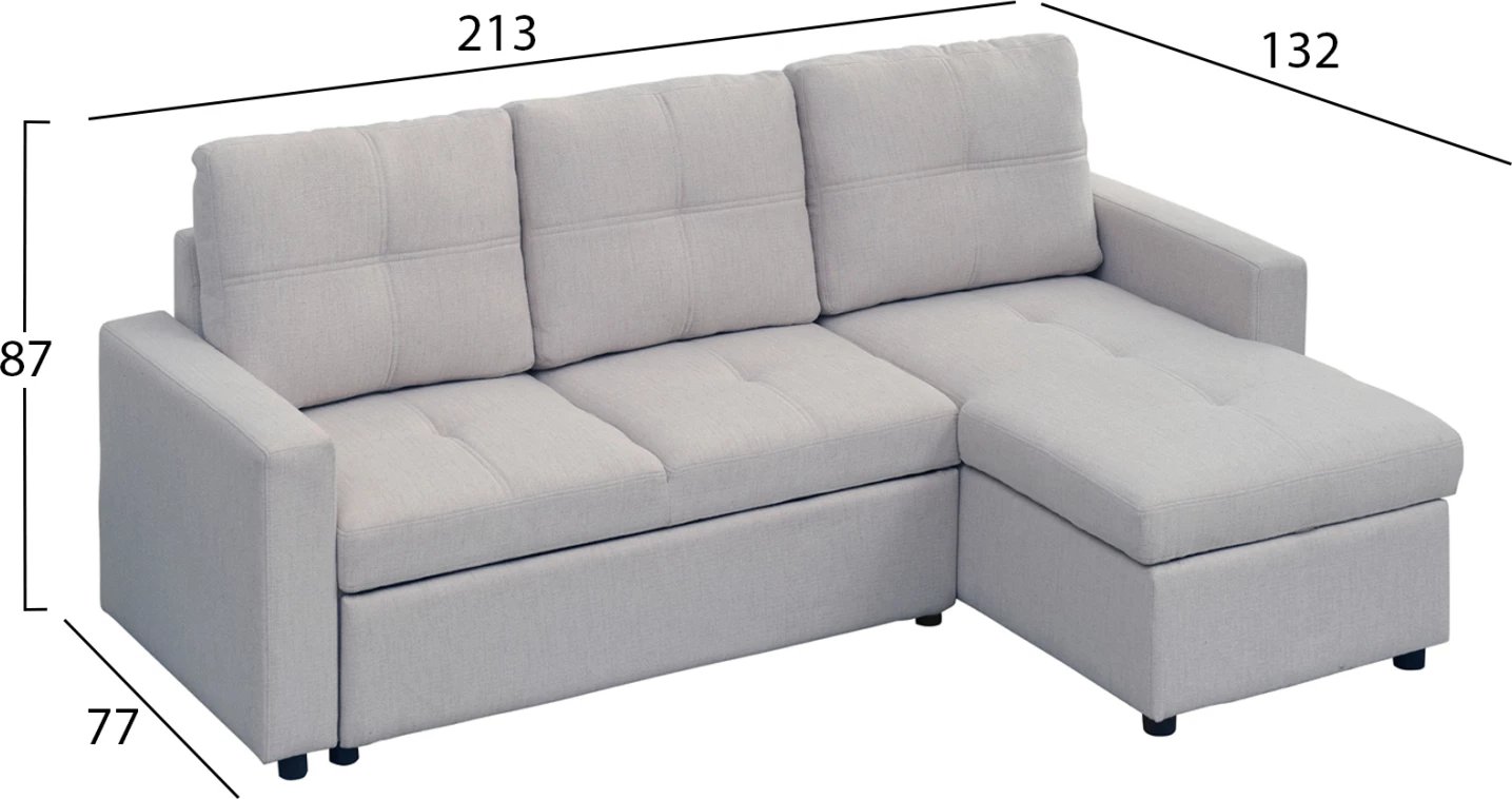 Kënd divan-krevat i kthyeshëm Salino, material stof, ngjyrë gri e çelët, 213x132x87cm