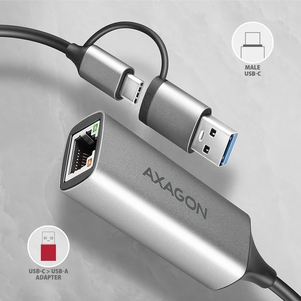 Adapter AXAGON ADE-TXCA Gigabit Ethernet, USB-C + USB-A, Gri