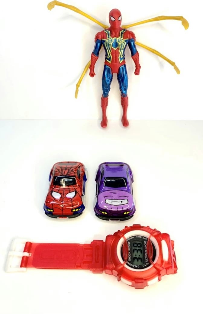 Orë dore për fëmijë dhe tri lodra Spiderman SLKSH3, 4 pjesë, e kuqe/e vjollcë