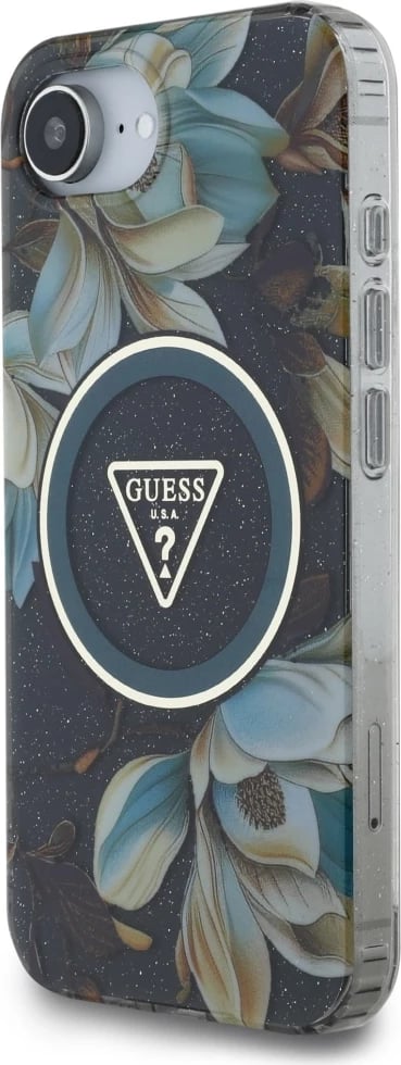 Mbështjellës Guess IML Metal Glitter Flowers Triangle MagSafe për iPhone 16e, zi Mbështjellës Guess IML Metal Glitter Flowers Triangle MagSafe për iPhone 16e, zi
