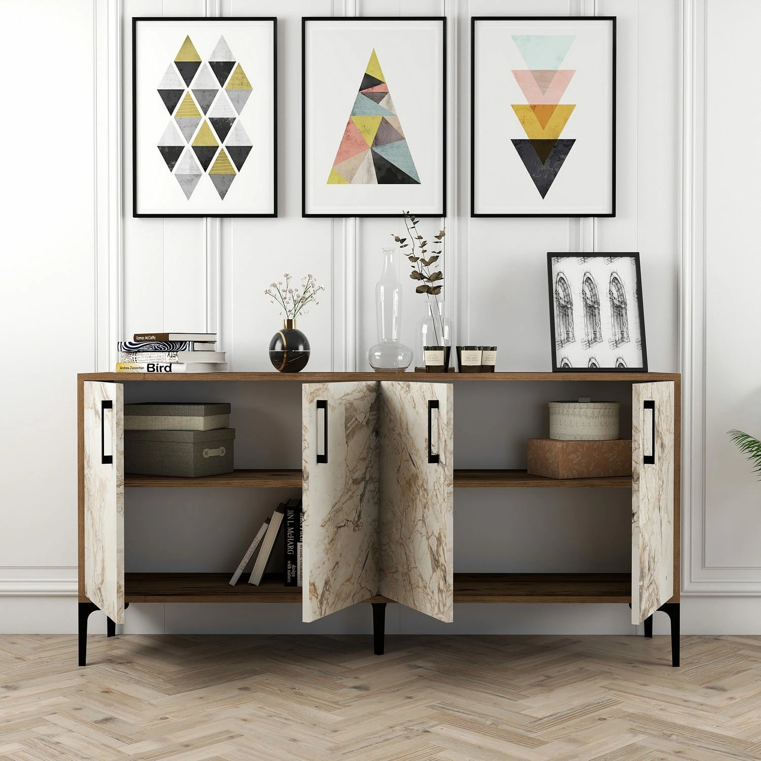 Konsolë Hanah Home, Kiev 160, ngjyrë arre, mermer i bardhë