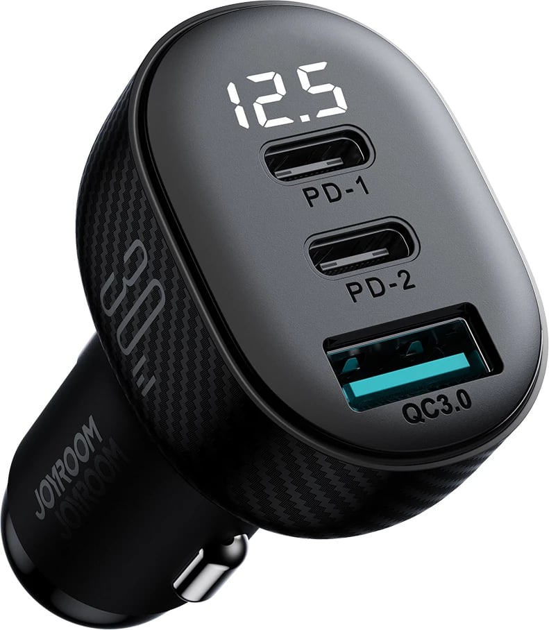 Karikues veture Joyroom JR-CCD04, 30W, 2x USB-C, USB-A, me ekran, i zi
