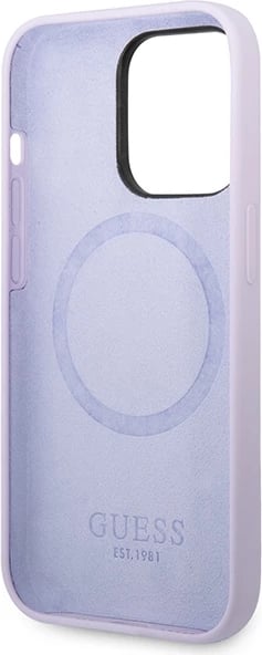 Mbështjellës Guess GUHMP14LSBPLU për iPhone 14 Pro 6.1", silikon, MagSafe, vjollcë