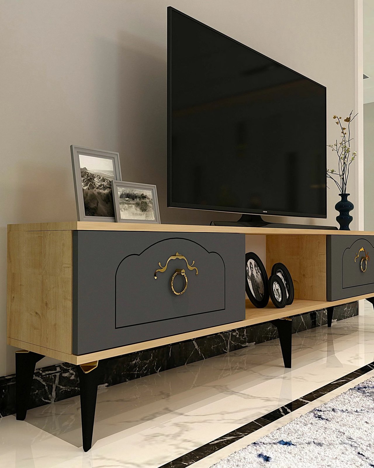 Komodë TV Skye Decor, ngjyrë lis safir dhe antracit