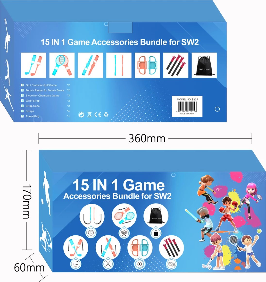 Set aksesorësh lojërash sportive për Nintendo Switch 2, Hurtel, Family Accessory Pack 2 15-in-1, me çantë udhëtimi, portokalli dhe kaltër, set 15 copë