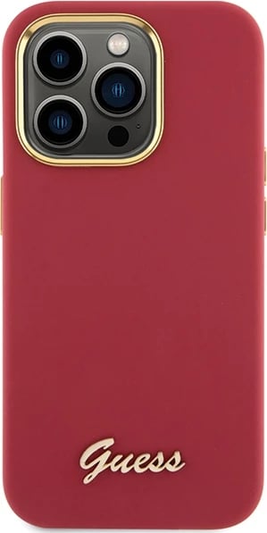Mbështjellës Guess për iPhone 15 Pro, Silicone Script Metal Logo & Frame, Kuq