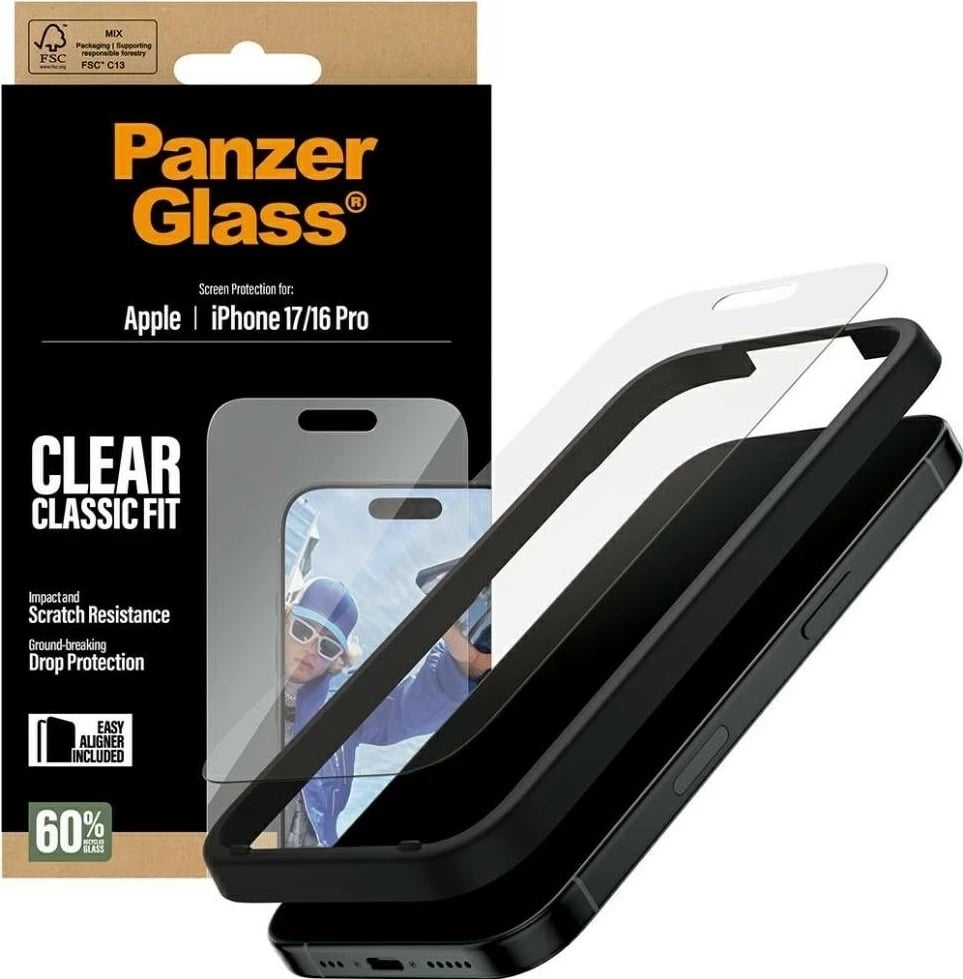 Mbështjellës xhami PanzerGlass Classic Fit EasyAligner për iPhone 16 Pro/17, transparent