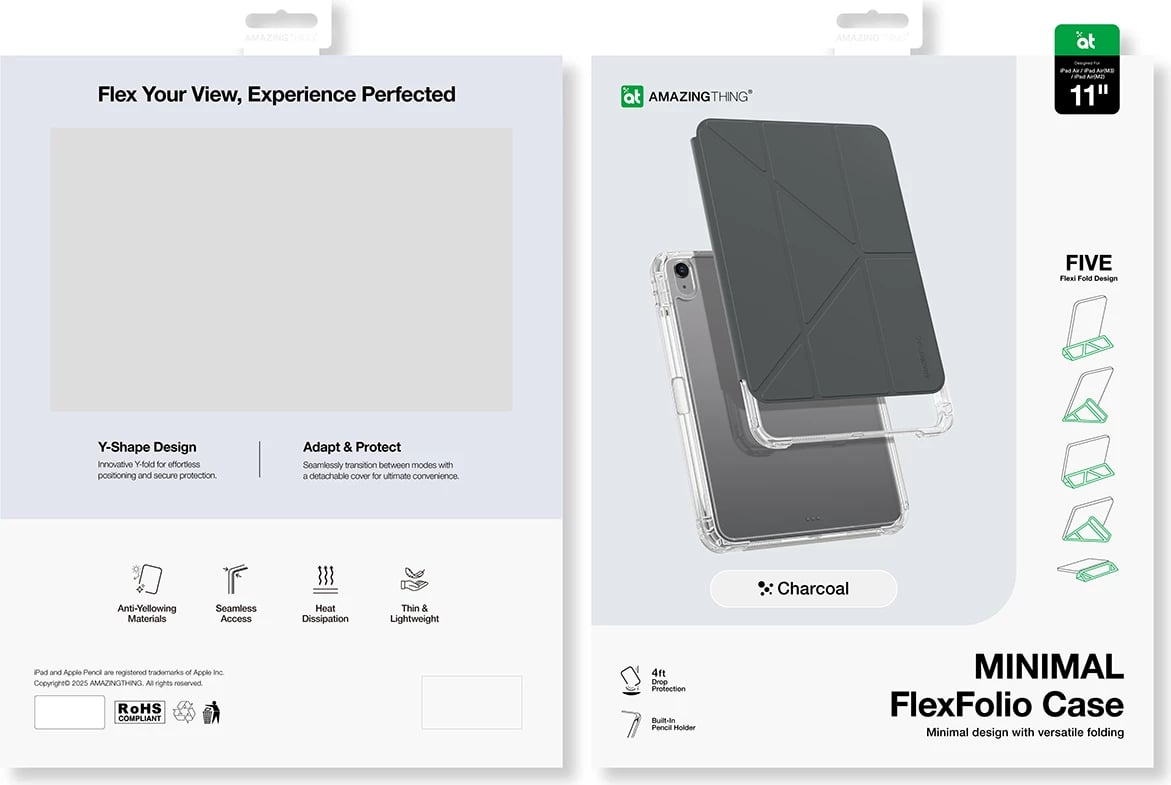Mbështjellës tablet AmazingThing Minimal Case për iPad Air 11" M3 (2025), kapak folio me qëndrim, mbajtës Apple Pencil, panel i pasmë transparent, i zi