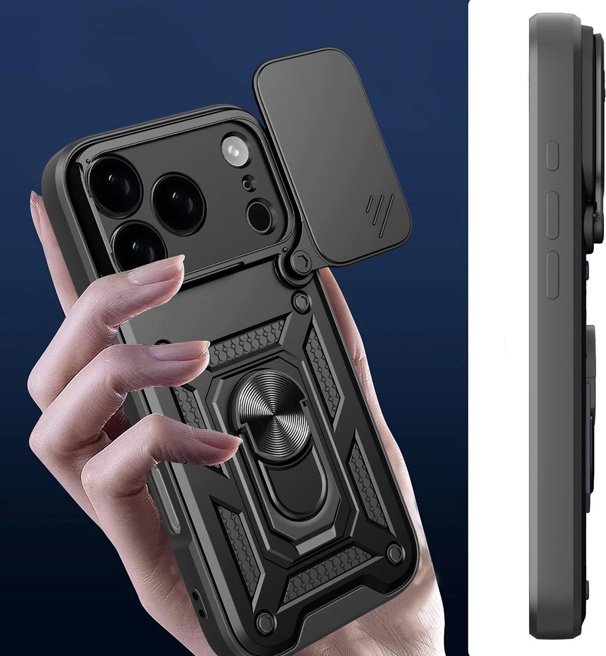 Mbështjellës Hurtel Hybrid Armor Camshield për iPhone 17 Pro, me qëndrim dhe kapak kamere, i zi
