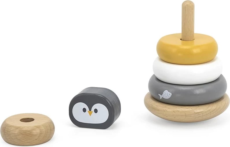 lodër piramidë stivuese druri, Viga Penguin, 5 disqe, për 12M+, multingjyrëshe