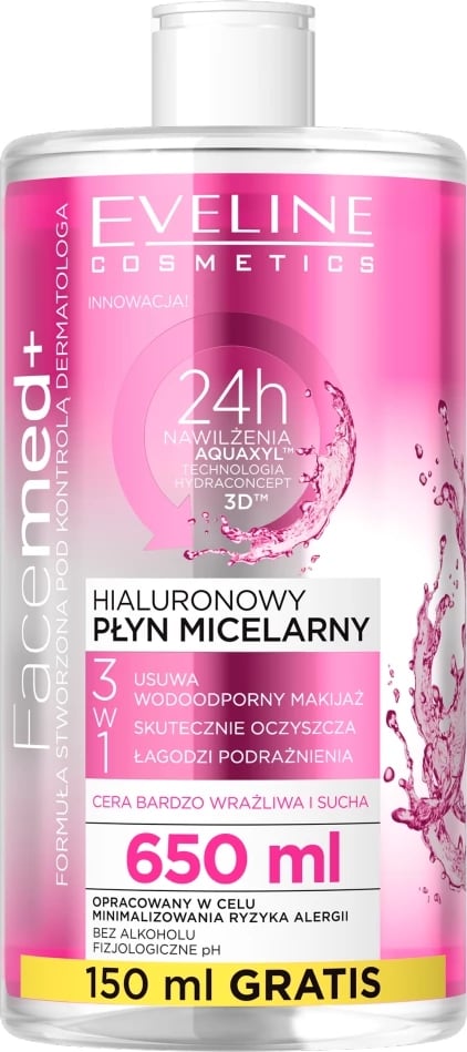 Solucion micelar për femra Eveline Cosmetics Facemed+ Hyaluronic 3-in-1, 650ml