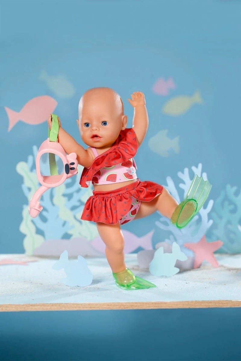 set zhytjeje për kukull, Baby Born, 836996-116724, përshtatje për kukulla 43 cm, me maskë snorkelingu dhe pala noti, rozë e kuqe