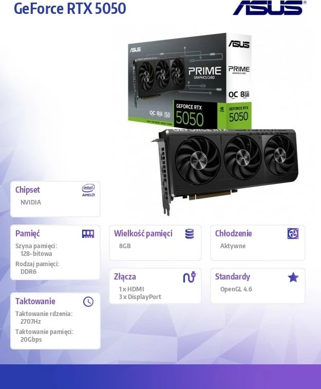 Kartë grafike Asus GeForce RTX 5050 PRIME 8G OC, 8 GB GDDR6, PCI-E 5.0, e zezë Kartë grafike Asus GeForce RTX 5050 PRIME 8G OC, 8 GB GDDR6, PCI-E 5.0, e zezë
