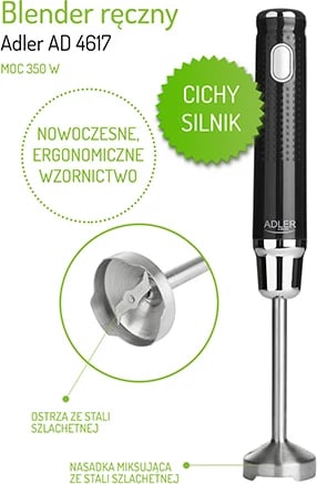 Blender dore, Adler AD 4617, 350W, çelik inox, 1 shpejtësi, e zezë Blender dore, Adler AD 4617, 350W, çelik inox, 1 shpejtësi, e zezë