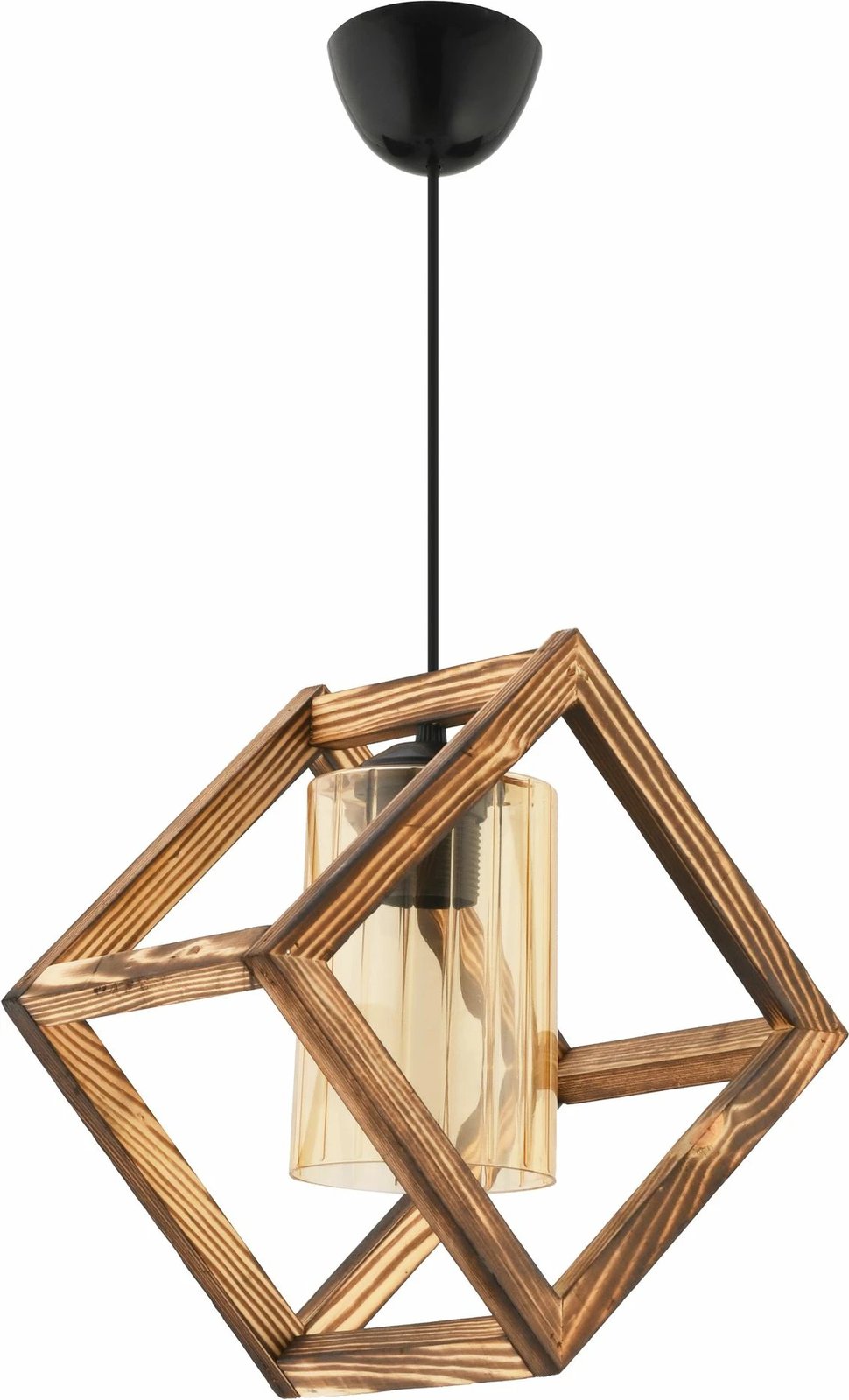 Llambë tavani Opviq, kub, xham i vetëm, dru natyral, e zezë