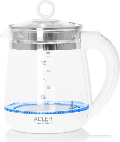 Zierëse uji qelqi Adler AD 1299 1.5 L me kontroll temperature dhe infuzor çaji, e bardhë