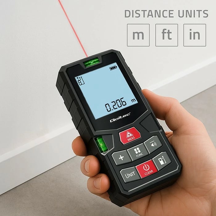 Matës distancash me lazer Qoltec 50687, LCD i ndriçuar, 120m, i zi/kuq