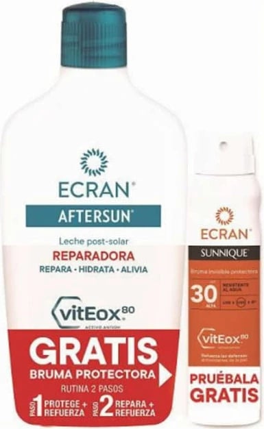 Qumësht pas diellit dhe Spray mbrojtës dielli Ecran Aftersun Milk 400ml + Sunnique Spf30, unisex, 400ml + 75ml