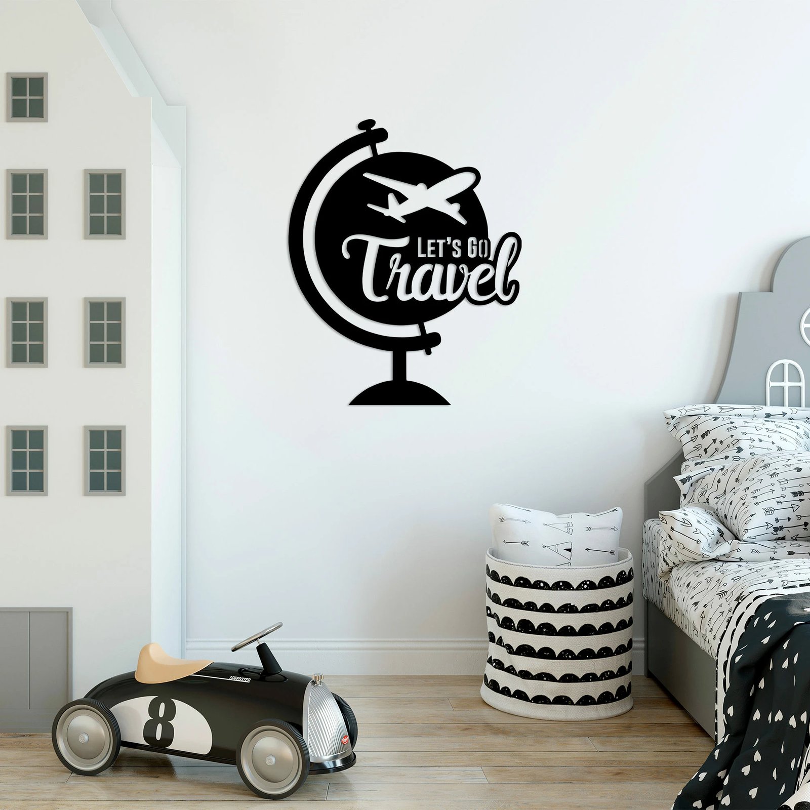 Aksesor dekorativ metalik për mur, Wallity, Let’s Go Travel - 492, ngjyrë e zezë, 57x70cm