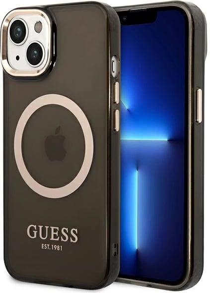 Mbështjellës Guess GUHMP14SHTCMK për iPhone 14 6.1", i fortë, MagSafe, i zi/ari