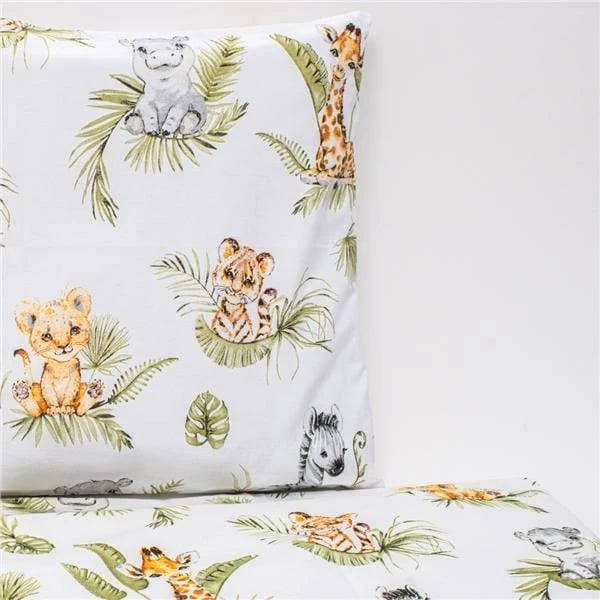 komplet shtroje bebi, New Baby, Jungle, 100x135 cm jorgan + 40x60 cm jastëk + mbrojtëse 31x175 cm, pambuk 100%, e bardhë me print Jungle, set 3-pjesësh