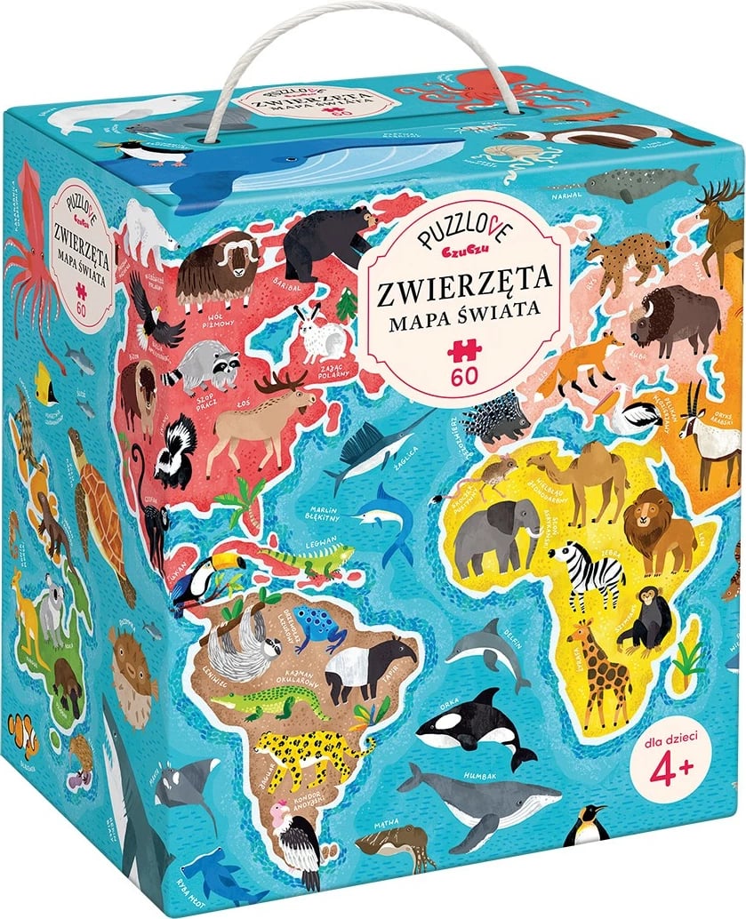 Puzzle edukativ CzuCzu Puzzlove, 60 pjesë, Harta e Botës me Kafshë, për fëmijë