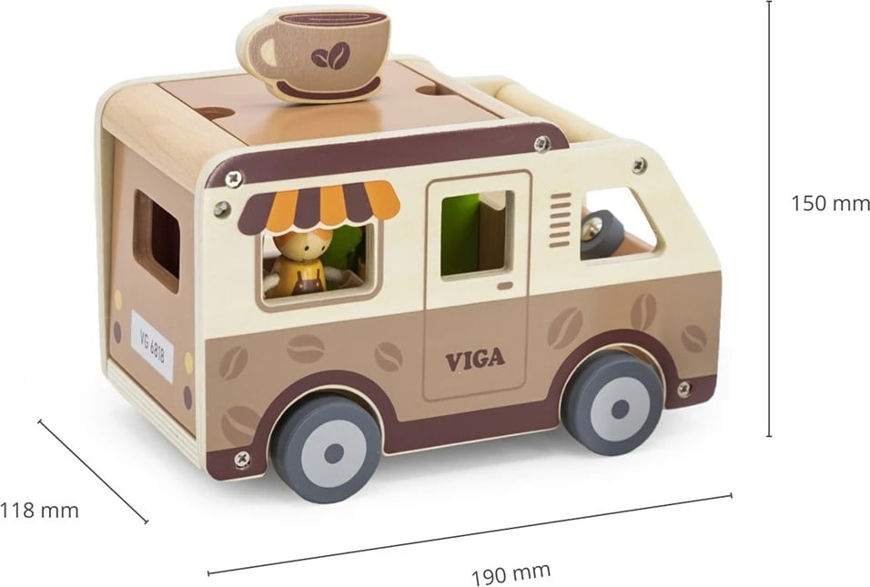 Lodër druri kafene mobile, Viga, furgon kafe me aksesorë, 3+ vjeç, ngjyrë sipas fotos