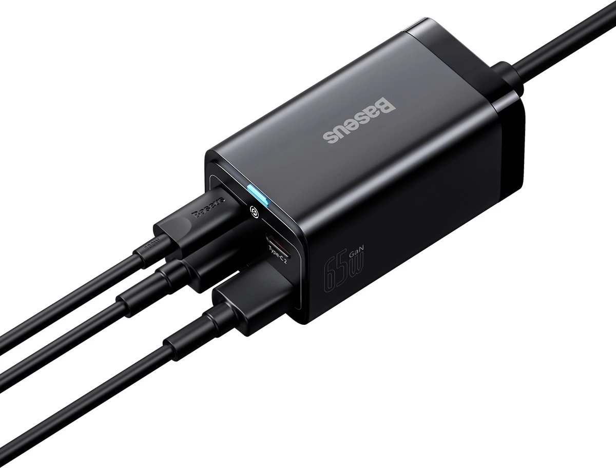 Karikues i shpejtë Baseus GaN3 Pro 65W, 2x USB Type-C, 2x USB, me kabllo USB-C 1m, Zi