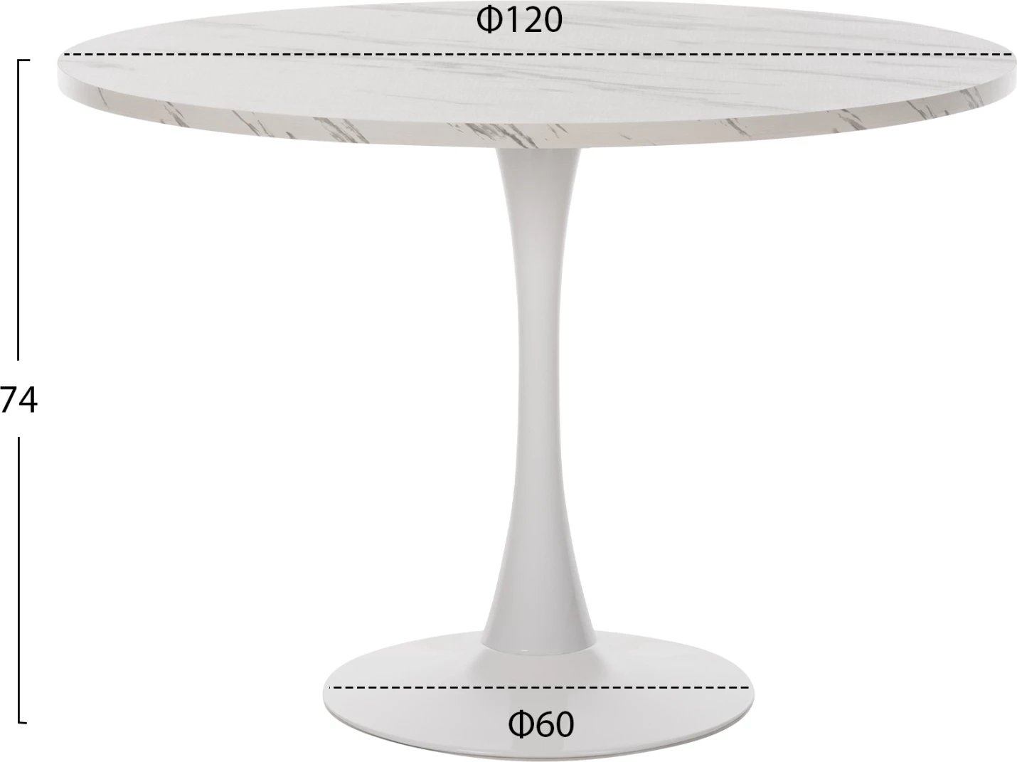 Tavolinë e rrumbullakët për ngrënie, Rollo FH9422.01, melaminë, ngjyrë mermeri të bardhë, këmbë metalike, Φ120x74H cm