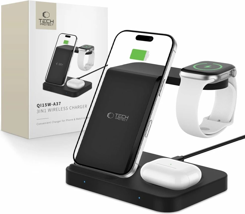 Karikues wireless 3-në-1 Tech-Protect QI15W-A37, 15W, i zi
