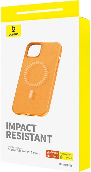 Mbështjellës magnetik për celular Baseus Fauxther Series për iPhone 15 Plus, portokalli