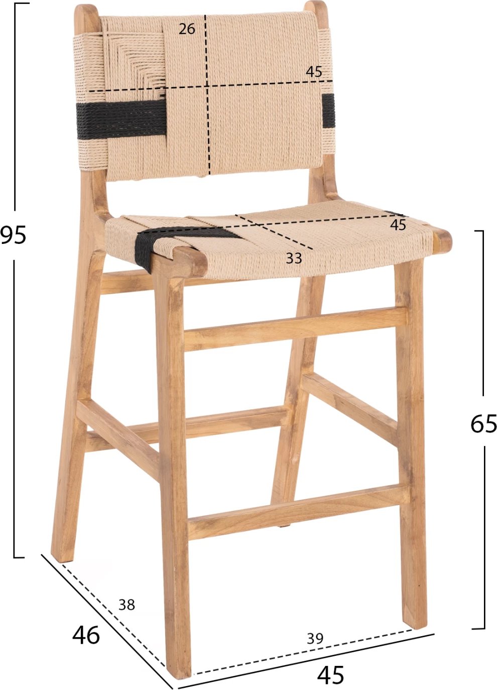 Karrige për bar mesatare FH9325.01 dru gome & litar - ngjyrë natyrale rustike 45x46x95H cm