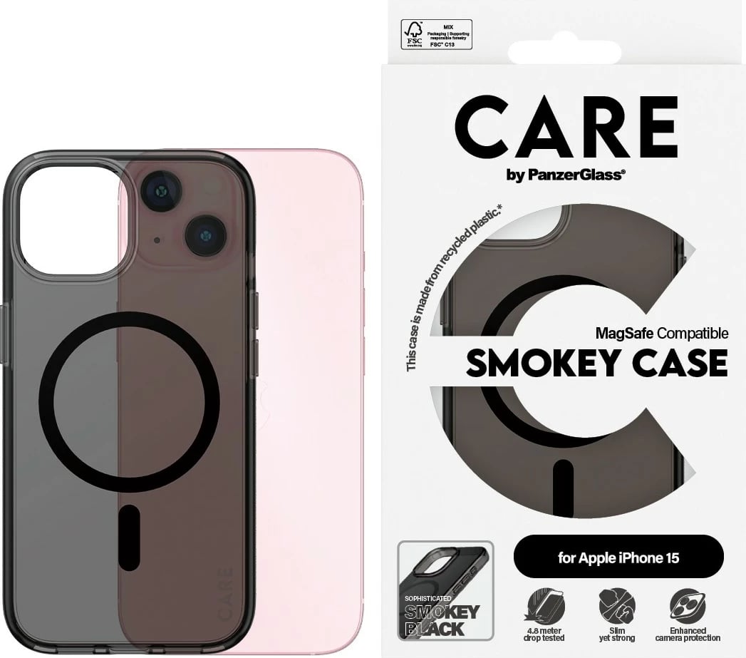 Mbështjellës PanzerGlass CARE Flagship MagSafe për iPhone 15, smokey/black