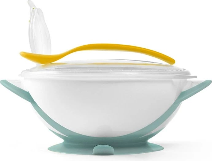 Tas bebe me kupë thithëse dhe lugë, Baby Ono, 300 ml, pa BPA, për mikrovalë dhe enëlarëse, bardhë-mente