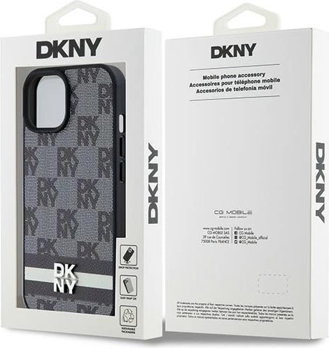 Mbështjellës DKNY Leather Checkered Mono Pattern & Printed Stripes për iPhone 15/14/13, i zi