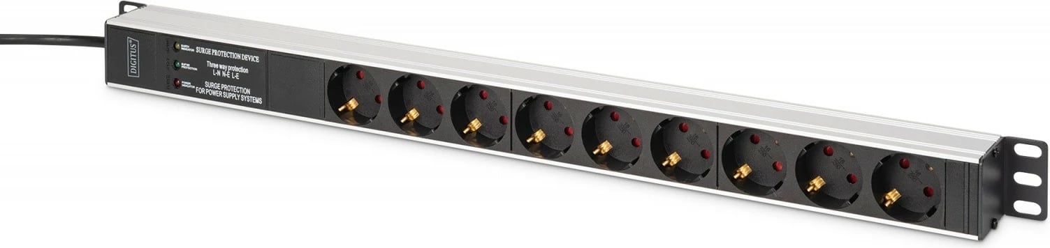 PDU listë rryme rack Digitus DN-95438, 9 prize Schuko (45°), 1U, 620 mm, mbrojtje nga mbitensioni + filtër EMI/RFI, kabllo 2 m, 16A, alumini, e zezë/argjendtë