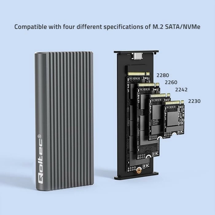 Kasë Qoltec 52272 për SSD M.2 NVMe/SATA, USB-C, 4TB, Gri me RGB LED